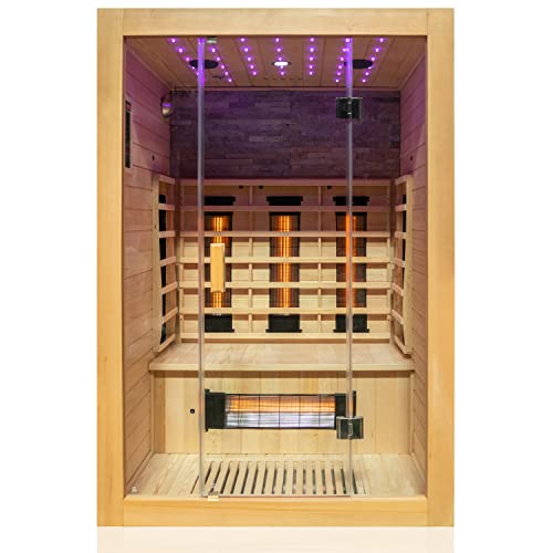 Dewello® Infrarotkabine Infrarotsauna Milton 135x105 für 1-2 Personen aus Hemlock Holz mit Vollspektrumstrahler, LED-Farblicht Sternenhimmel und...