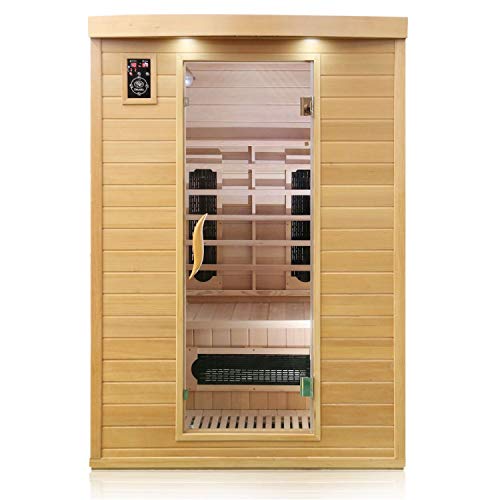 Dewello® Infrarotkabine Infrarotsauna Laval Plus 135cm x 105cm für 1-2 Personen aus Hemlock Tannenholz mit Keramikstrahlern, LED-Farblicht,...