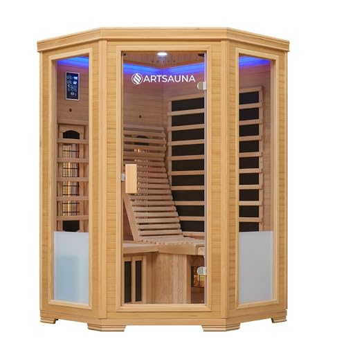 Artsauna Infrarotkabine Aalborg Dual-Technologie - 120x120x190 cm - 2 Personen - mit Relaxliege, Sitzbank, LED Farblicht & Glastür - Hemlock Holz...