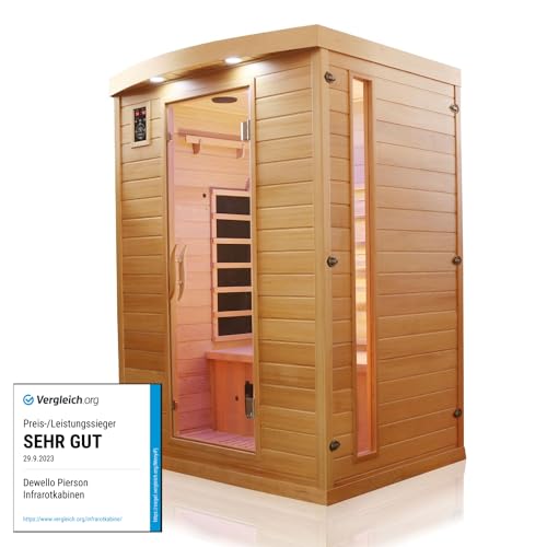 Dewello® Infrarotkabine Infrarotsauna Pierson 135cm x 105cm 1-2 Personen aus Hemlock Holz mit Vollspektrumstrahler, Bodenstrahler, LED-Farblicht,...