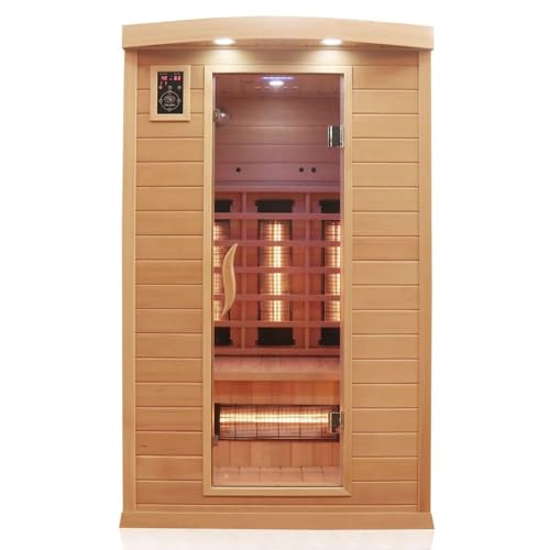 Dewello® Infrarotkabine Infrarotsauna Hyder 115x105 für 1-2 Personen aus Hemlock Holz mit Vollspektrumstrahler, LED-Farblicht, Bluetooth, FM,MP3,USB