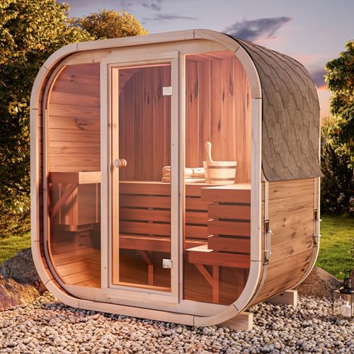 FinnTherm Fasssauna Elipso, Moderne Outdoor Sauna inkl. Dacheindeckung, Kompakte Gartensauna mit Glasfront, Außensauna: B 136 x T 119 x H 203 cm, 3...