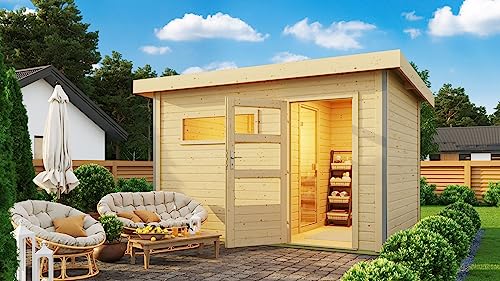 Chillroi® Karibu Saunahaus Helmi Gartensauna Outdoor Dampfkabine naturbelassen/terragrau optional mit Saunaofen (Naturbelassen mit finnischem 9 KW...